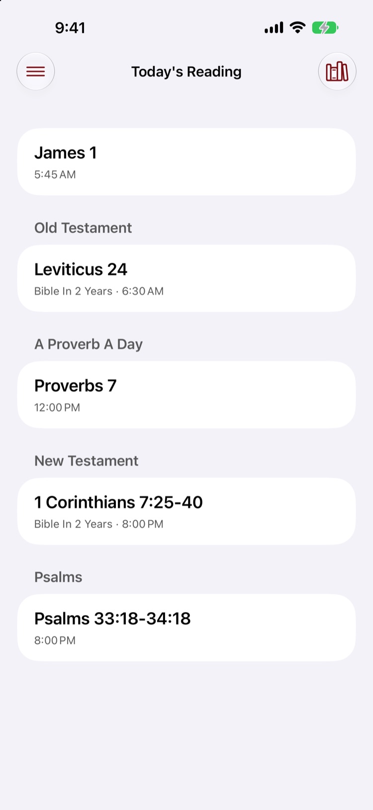 The Today screen, showing the passages a reading plan holds for today.