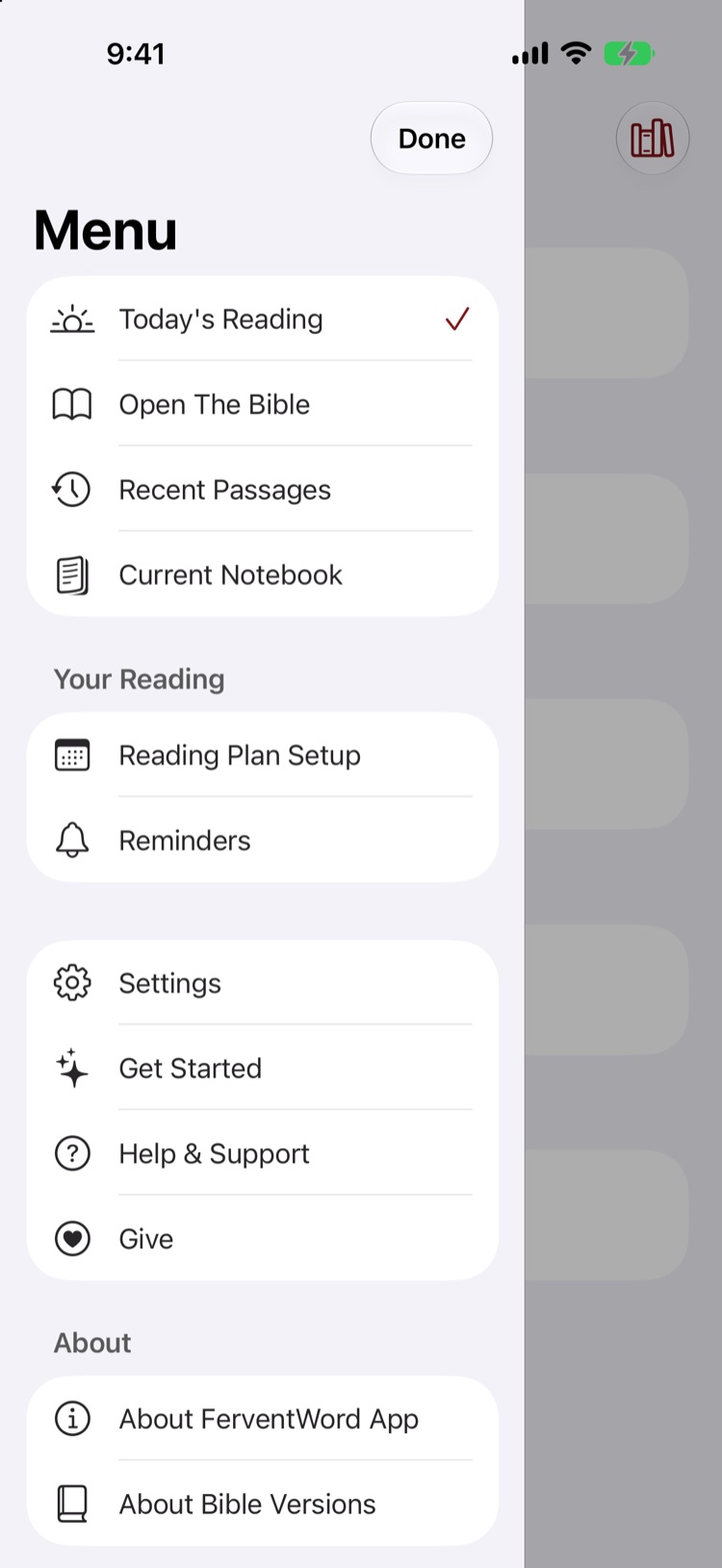 The menu, listing everything the app can do.