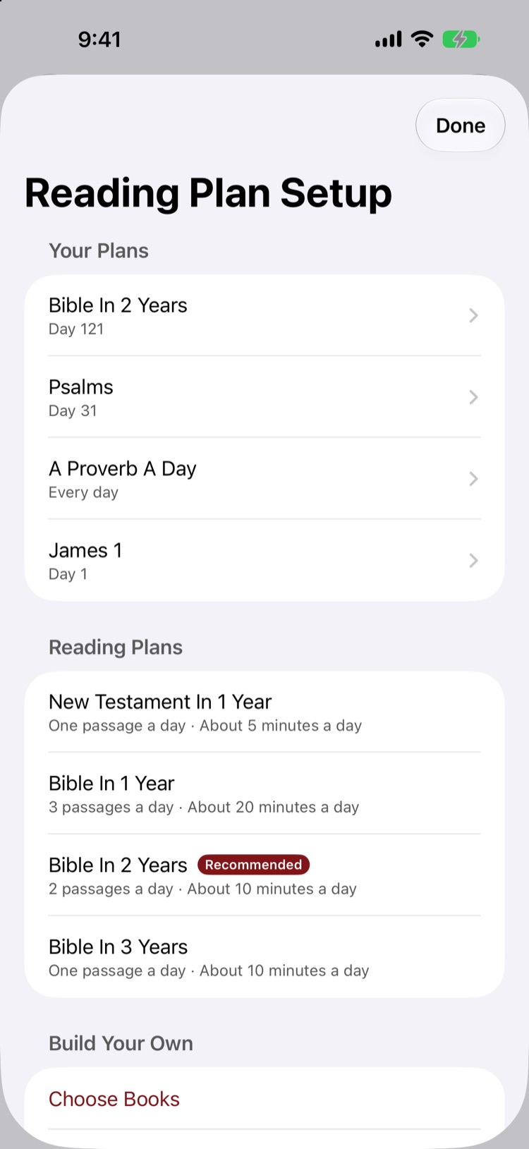 The Plans screen, listing the published reading plans.