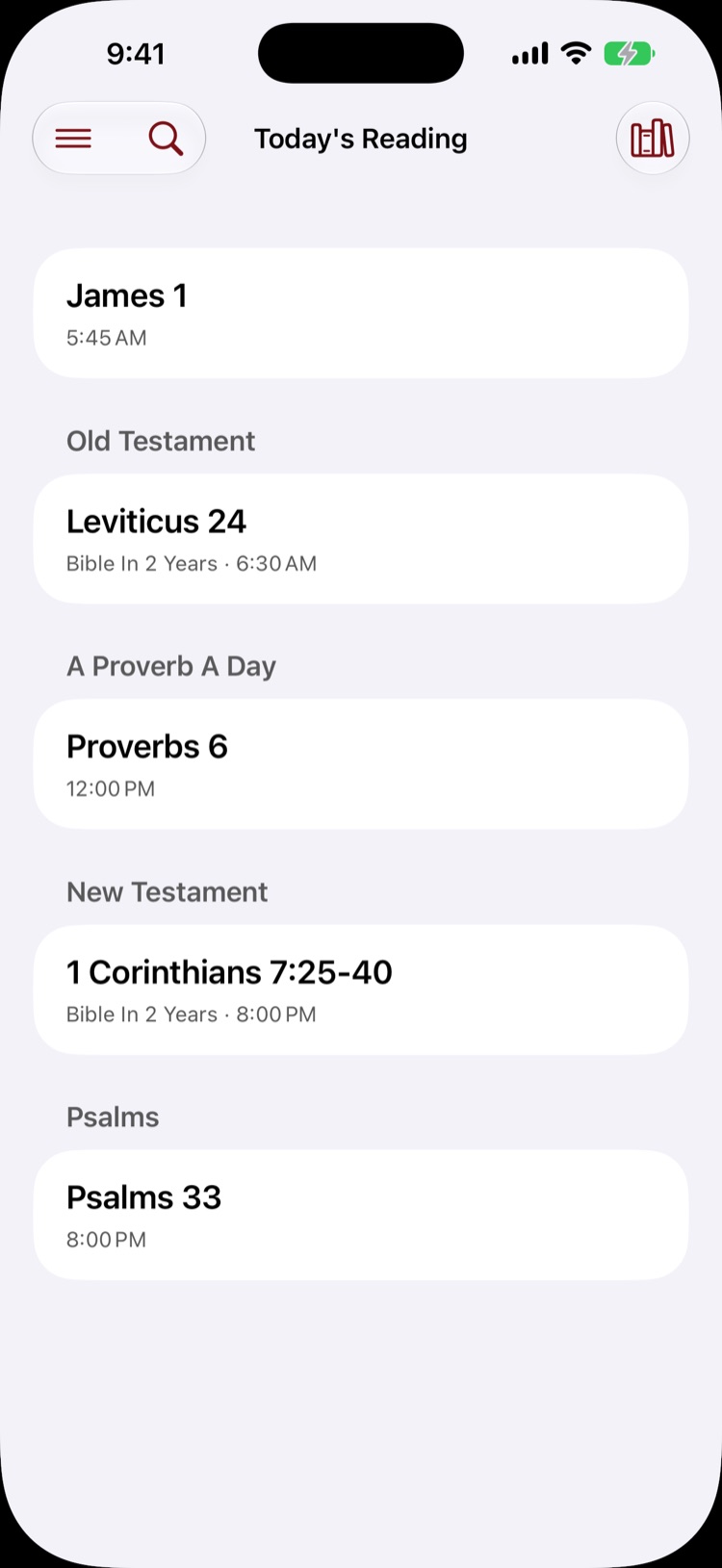 The Today screen, showing the passages your reading plans hold for today.