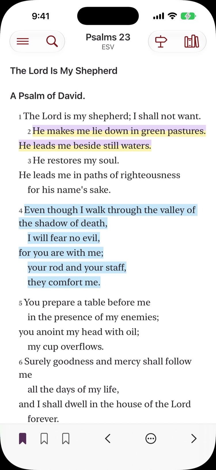 The reading screen, showing Psalms 23 with two passages highlighted.