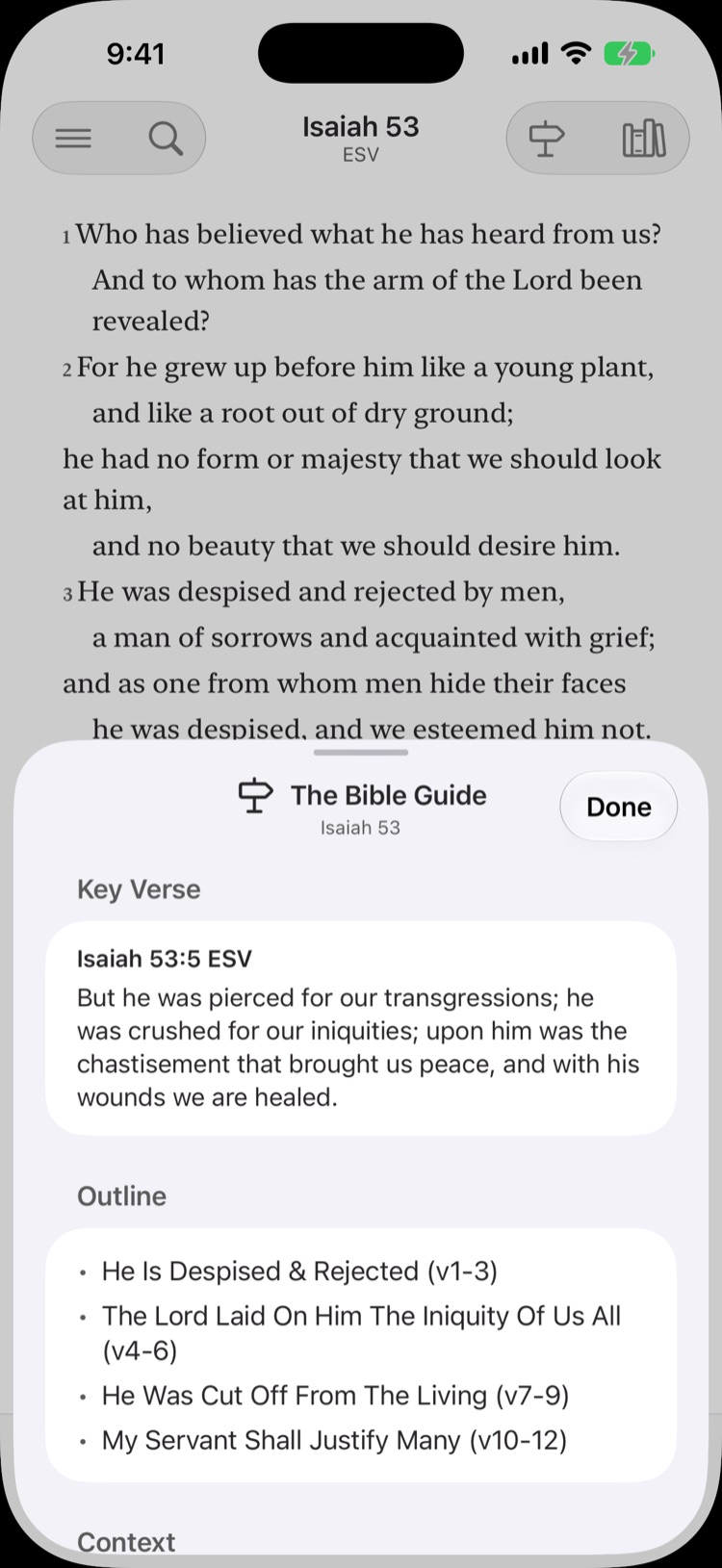 The Bible Guide for Isaiah 53, showing its key verse and outline.
