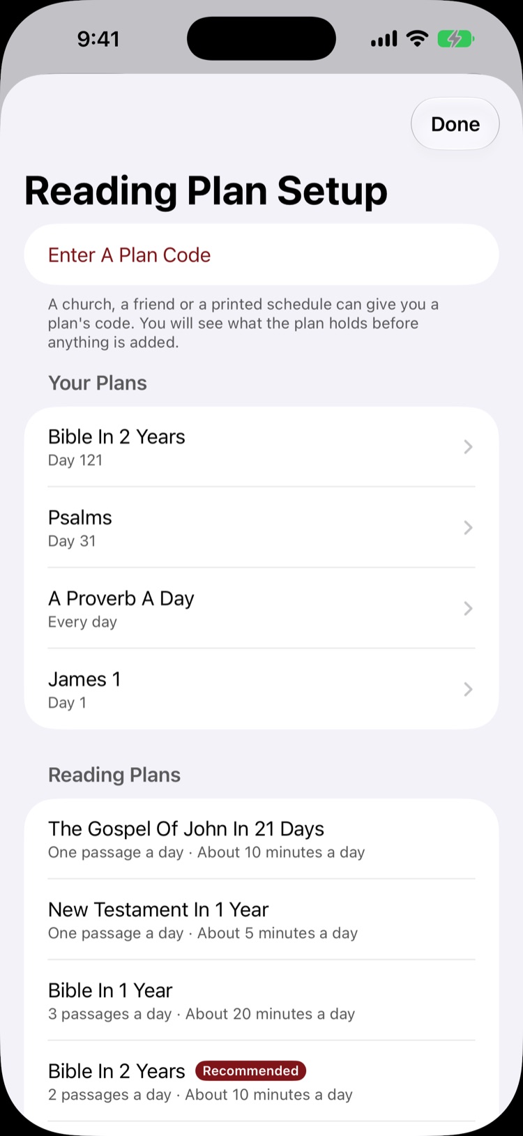 Reading Plan Setup, listing your plans and the published reading plans.